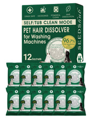 Seedshub Pet Hair Dissolver powder pours into washing machine drum for hair removal