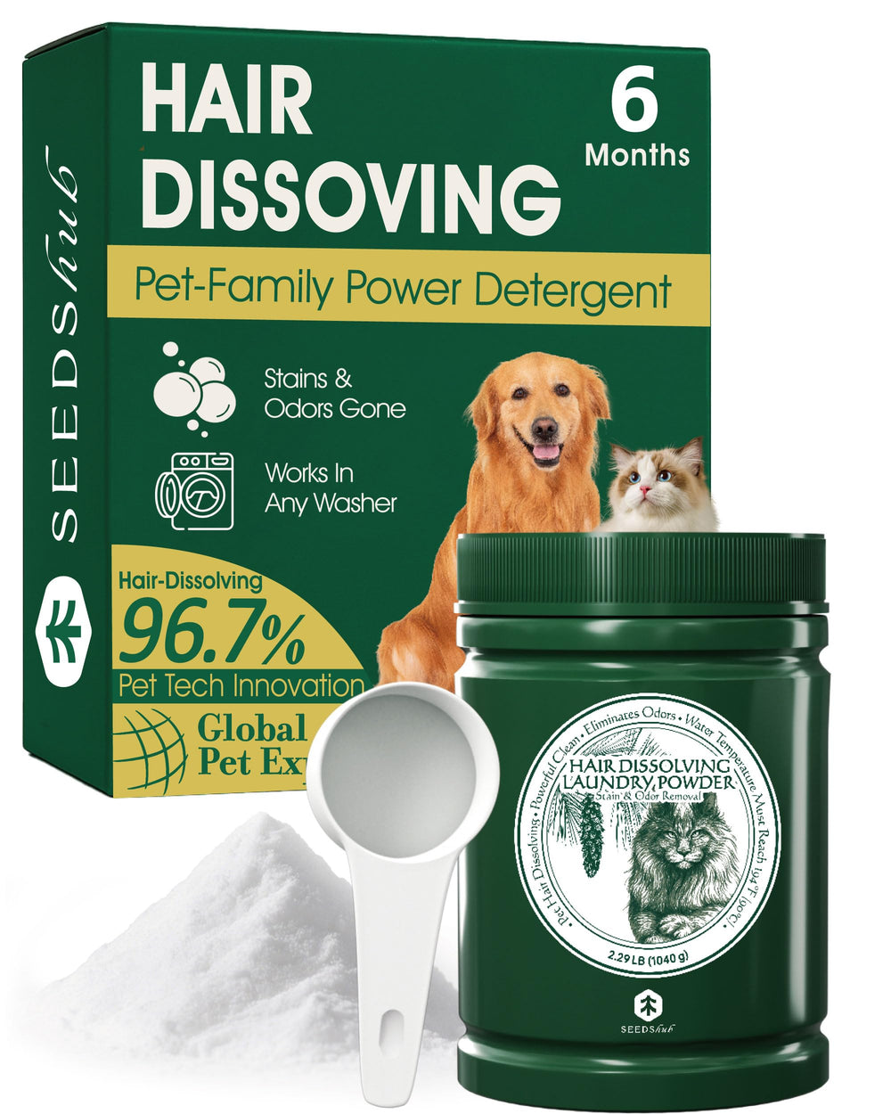 Seedshub Pet Hair Remover drum-dispense shows ready-to-use powder for hair removal.