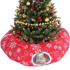 Seeloowy Christmas Tree Cat Tunnel Bed under the tree offers a festive cozy hideaway.