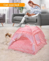 SEIMMIE Cat Princess Bed Tent pink mesh window for breathable interior comfort.