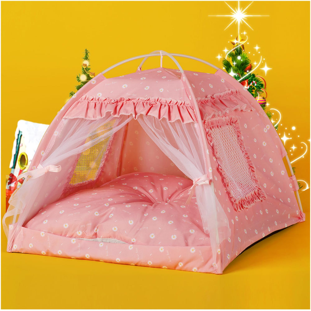 SEIMMIE Cat Princess Bed Tent pink full view showing the flower canopy for cozy indoor rest.