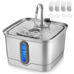 SEIRMEP cat water fountain with stainless-basin highlights durability and easy cleaning.