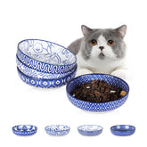 Selamica vintage blue cat bowls set shown as a four-pack for shared meals.