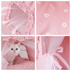 Selena cat bed tent pink mesh window detail showcases breathable design for relaxed naps
