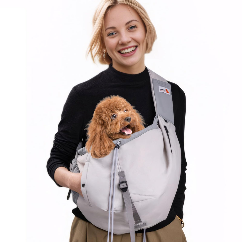 SENIOR BUDDAY dog carrier sling grey on shoulder offers hands-free travel for small pets.