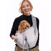 SENIOR BUDDAY dog carrier sling grey on shoulder offers hands-free travel for small pets.