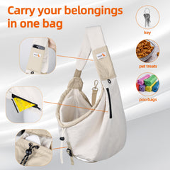 SENIOR BUDDAY dog carrier sling demonstrates wrap-around comfort keeping pets calm on adventures