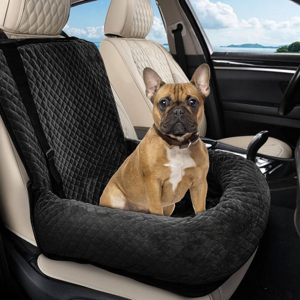 Sephyroth dog car seat outer materials swatch shows scratch-resistant suede with waterproof layer for durability