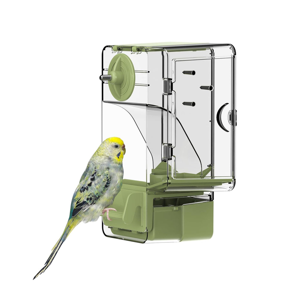 Septillar alimentador automático para pájaros con percha exterior, fácil de usar.
