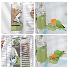 Septillar green seed feeder and waterer attached to cage demonstrates tool-free installation.