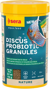 Sera Discus Prob Granules packaging showcases probiotic formula for healthier digestion.