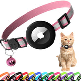 Seyezo cat collar with AirTag holder in pink front view for easy tracking.