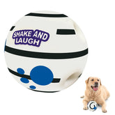 SHAKE AND LAUGH glow-in-dark dog ball glows after light exposure for nighttime fun.