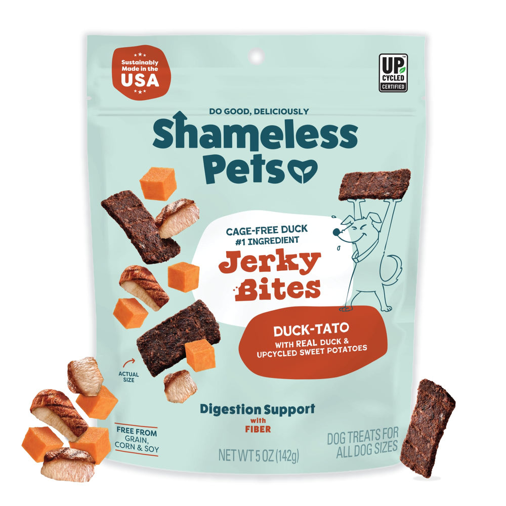 Shameless Pets Duck-Tato pack front highlighting grain-free protein for dogs.