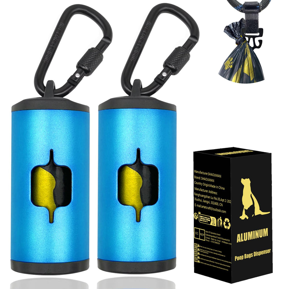 SHAOUMAN blue metal dog poop bag holder—front view for secure, hands-free walks