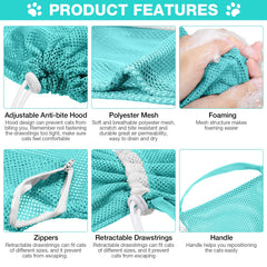 Shappy cat bathing bag zipper design demonstrates single paw release for nail trimming.