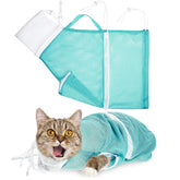 Shappy cat shower net bag green color in use for calm bath time