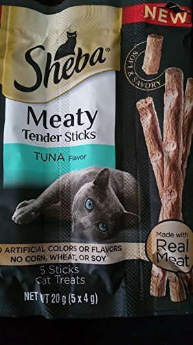 Sheba meaty tender sticks tuna flavor packaging for convenient pet treats.