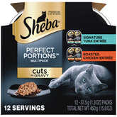 Sheba Perfect Portions tuna entree in gravy being served for convenient, mess-free cat meals.