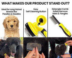 ShedTitan self-cleaning slicker bristles retract for quick, easy cleanup during grooming.