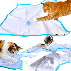 Sheer Fun For Cats toy shows blue-white fabric closeup with crinkle edges for quiet interactive play.