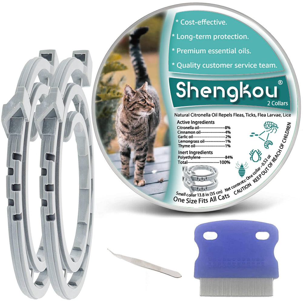 ShengKou flea collar cat closeup demonstrates natural citronella repelling pests.