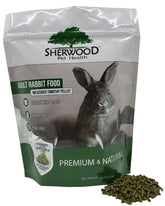 Sherwood Pet Health rabbit food packaging shows Timothy hay pellets for adult rabbits, grain-free and soy-free.