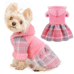 Shifenmei dog hoodie plaid pink front view shows cozy fleece warmth for small dogs.