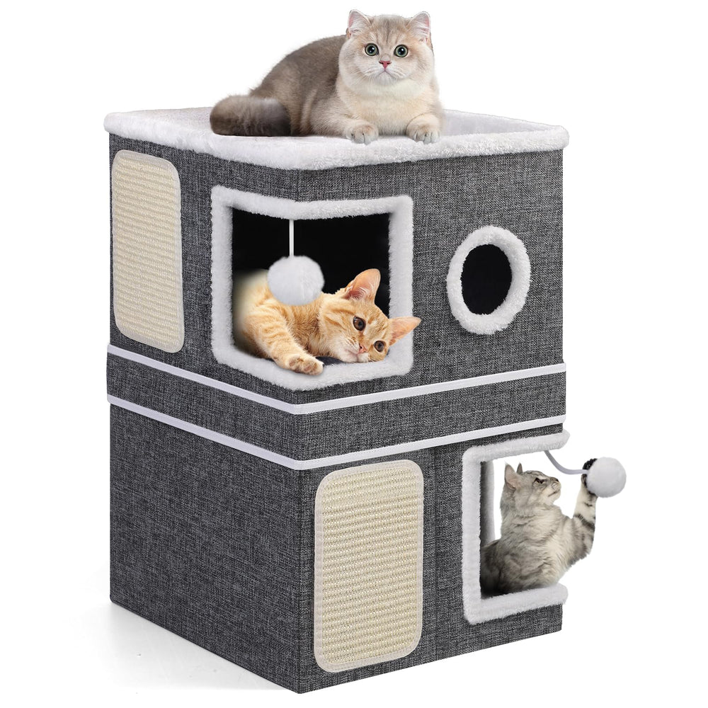 Shikha 2-storey cat house side view grey offers elevated lounging and observation.