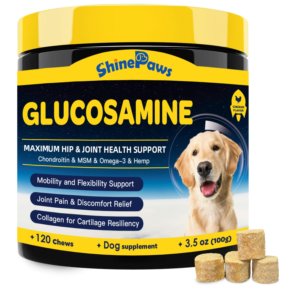 SHINEPAWS glucosamine for dogs bottle shows joint-support formula for mobility.