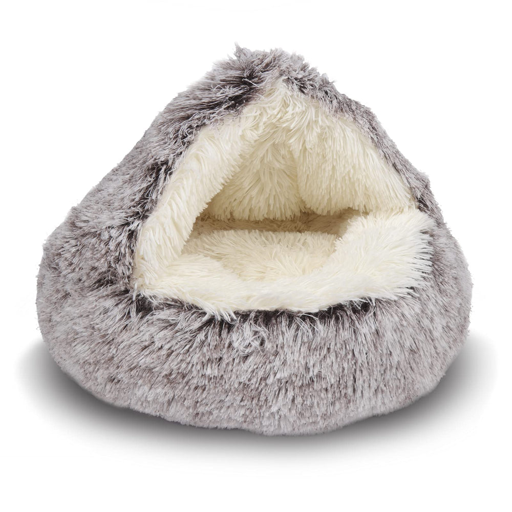 ShinHye round plush hooded cat bed front view offers a cozy indoor retreat.