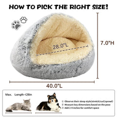 ShinHye round plush hooded bed with top cover open for easy entry.