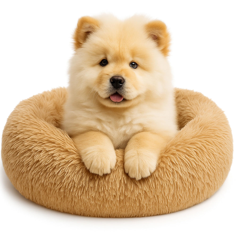SHINY-V Calming Dog Bed front view in camel shows plush round nest for anxiety relief.