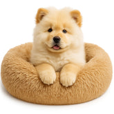 SHINY-V Calming Dog Bed front view in camel shows plush round nest for anxiety relief.