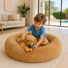 SHINY-V Calming Dog Bed side view emphasizes donut shape supporting head and neck comfort.