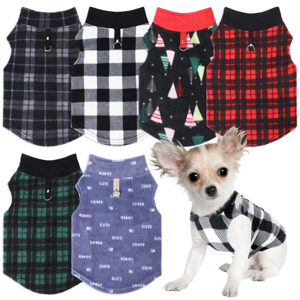 Shinylin 6-pack fleece dog sweaters with leash rings; festive patterns for cozy winter walks.