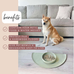 Should We Go? non-slip pet mat keeps bowls from sliding.