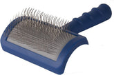 Show Tech Tuffer Than Tangles Slicker Brush closeup shows long pins for gentle detangling