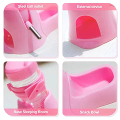 Shudyear pink no-drip water bottle mounted on a cage for spill-free hydration.