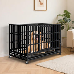 SHUSHIM 48-inch-heavy-duty-dog-crate side view highlighting reinforced bars for durable daily use.