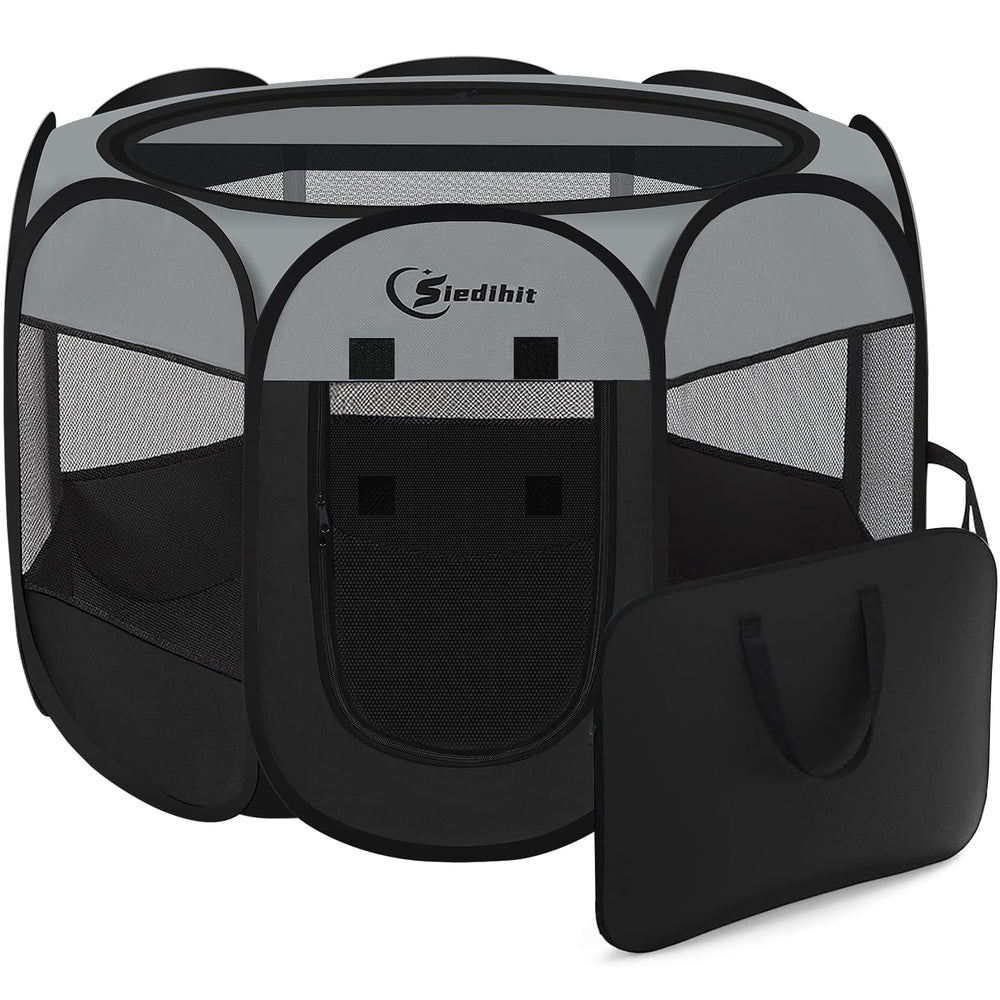 Siedihit dark grey playpen side view for easy pet monitoring indoors or outdoors.