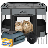 Siedihit dog playpen folded with carry case for easy travel setup.