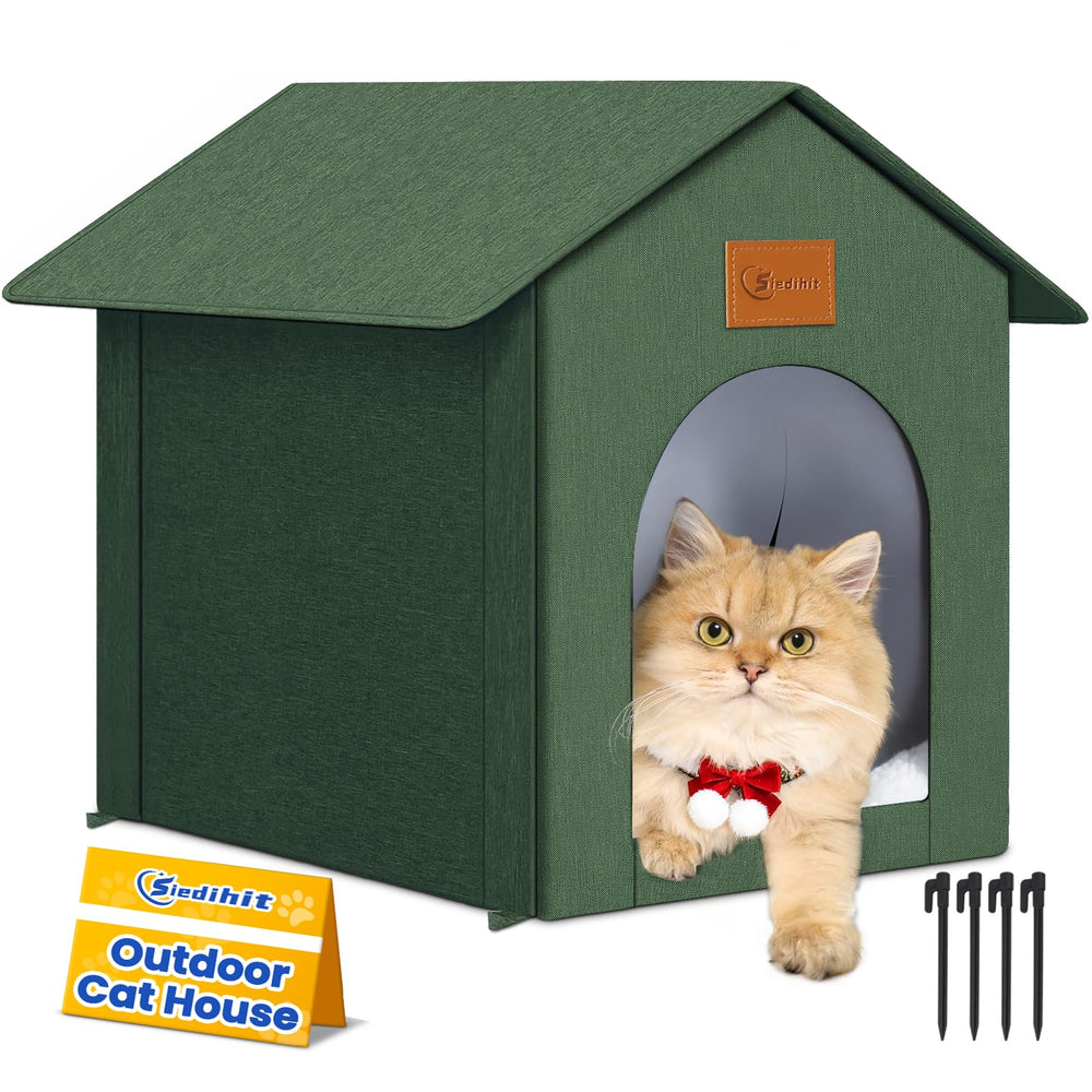 Siedihit outdoor cat house front view shows weatherproof olive green shelter for outdoors and warmth.