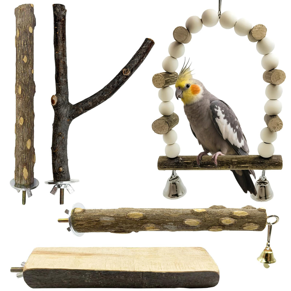 Sienle 5pcs natural wooden bird perch set in apple wood promotes varied chewing and activity