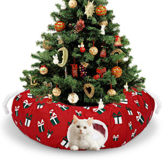 SilTriangle cat tunnel bed under Christmas tree offers a festive cozy hideaway for cats