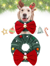 SilTriangle Christmas dog wreath collar in green with red bow for festive holiday looks