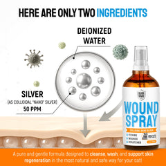 Silver Grade Cat Wound Spray ingredients label closeup highlights safe, non-GMO formula.
