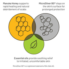 Closeup of Silver Honey Rapid Relief label with vet-developed formula