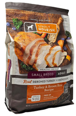 Simply Nourish small-breed healthy-weight serving bowl shows kibble texture for palatability and easy feeding.