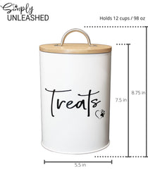 Simply Unleashed white canister with open lid for easy access to treats